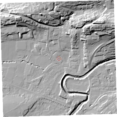 Shaded relief map of the ground around EX311JU, computed from Environment Agency LiDAR. The ground here sits at about 5 m above sea level and falls 37 m across the surrounding 800 m. Surface water reaching this point runs off ground lying to the east-north-east, 32.9 m higher.