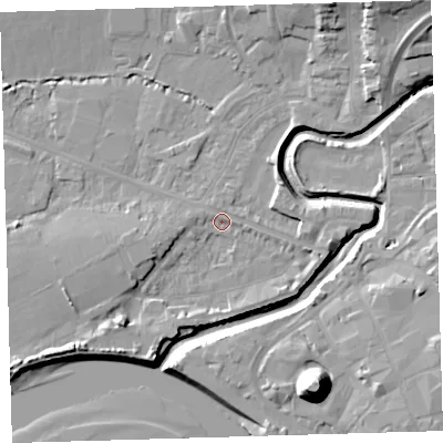 Shaded relief map of the ground around EX311JW, computed from Environment Agency LiDAR. The ground here sits at about 5 m above sea level and falls 21 m across the surrounding 800 m. Surface water reaching this point runs off ground lying to the south-west, 4.4 m higher.