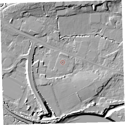 Shaded relief map of the ground around EX311JY, computed from Environment Agency LiDAR. The ground here sits at about 5 m above sea level and falls 17 m across the surrounding 800 m. The ground contributing surface water to this point lies to the north-north-west.