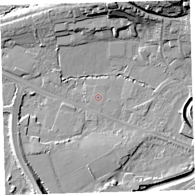 Shaded relief map of the ground around EX311JZ, computed from Environment Agency LiDAR. The ground here sits at about 4 m above sea level and falls 24 m across the surrounding 800 m. Surface water reaching this point runs off ground lying to the north-north-east, 22.5 m higher.