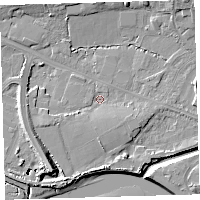 Shaded relief map of the ground around EX311LD, computed from Environment Agency LiDAR. The ground here sits at about 4 m above sea level and falls 17 m across the surrounding 800 m. Surface water reaching this point runs off ground lying to the south-east, 3.6 m higher.