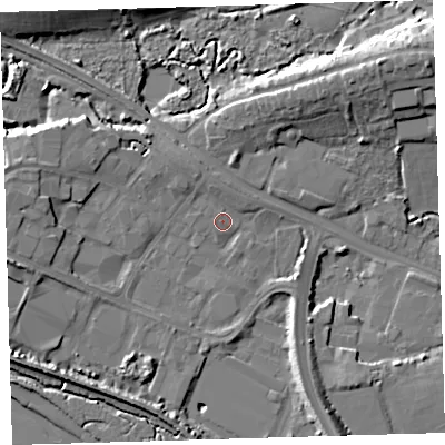 Shaded relief map of the ground around EX311LG, computed from Environment Agency LiDAR. The ground here sits at about 5 m above sea level and falls 14 m across the surrounding 800 m. Surface water reaching this point runs off ground lying to the north, 1.3 m higher.