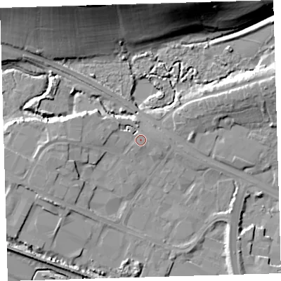 Shaded relief map of the ground around EX311LH, computed from Environment Agency LiDAR. The ground here sits at about 7 m above sea level and falls 27 m across the surrounding 800 m. Surface water reaching this point runs off ground lying to the west, 3.6 m higher.