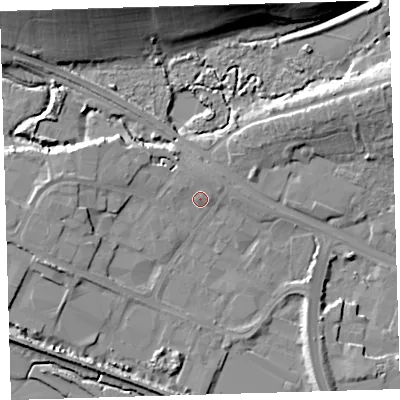 Shaded relief map of the ground around EX311LQ, computed from Environment Agency LiDAR. The ground here sits at about 6 m above sea level and falls 17 m across the surrounding 800 m. Surface water reaching this point runs off ground lying to the north-north-west, 1.3 m higher.