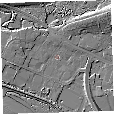 Shaded relief map of the ground around EX311LT, computed from Environment Agency LiDAR. The ground here sits at about 5 m above sea level and falls 12 m across the surrounding 800 m. Surface water reaching this point runs off ground lying to the west-north-west, 3.9 m higher.