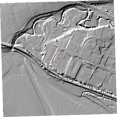 Shaded relief map of the ground around EX311LY, computed from Environment Agency LiDAR. The ground here sits at about 6 m above sea level and falls 9 m across the surrounding 800 m. Surface water reaching this point runs off ground lying to the north-east, 1.6 m higher.