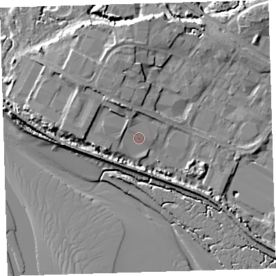 Shaded relief map of the ground around EX311LZ, computed from Environment Agency LiDAR. The ground here sits at about 6 m above sea level and falls 9 m across the surrounding 800 m. Surface water reaching this point runs off ground lying to the north-north-west, 2.5 m higher.