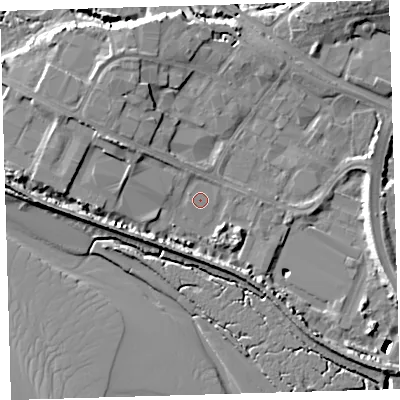 Shaded relief map of the ground around EX311NB, computed from Environment Agency LiDAR. The ground here sits at about 5 m above sea level and falls 14 m across the surrounding 800 m. Surface water reaching this point runs off ground lying to the north-west, 6.0 m higher.