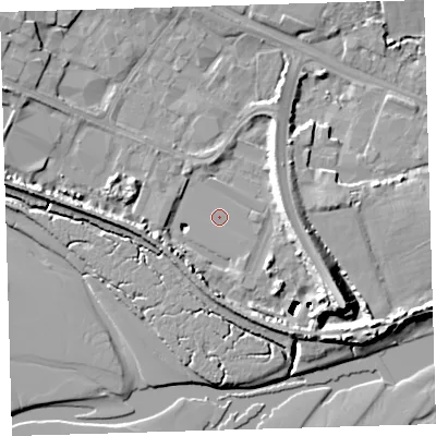 Shaded relief map of the ground around EX311NP, computed from Environment Agency LiDAR. The ground here sits at about 5 m above sea level and falls 17 m across the surrounding 800 m. Surface water reaching this point runs off ground lying to the south-east, 16.7 m higher.