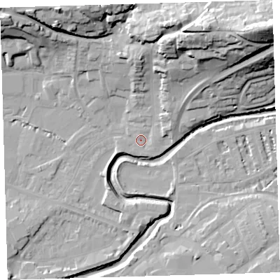 Shaded relief map of the ground around EX311PB, computed from Environment Agency LiDAR. The ground here sits at about 6 m above sea level and falls 42 m across the surrounding 800 m. Surface water reaching this point runs off ground lying to the north-north-east, 32.2 m higher.