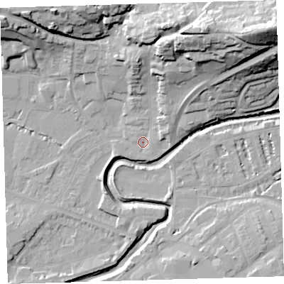 Shaded relief map of the ground around EX311PD, computed from Environment Agency LiDAR. The ground here sits at about 6 m above sea level and falls 43 m across the surrounding 800 m. Surface water reaching this point runs off ground lying to the north-north-east, 32.2 m higher.