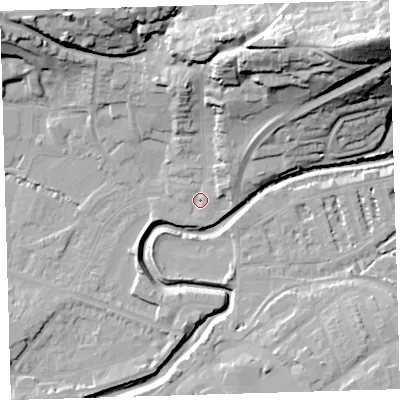 Shaded relief map of the ground around EX311PE, computed from Environment Agency LiDAR. The ground here sits at about 6 m above sea level and falls 43 m across the surrounding 800 m. Surface water reaching this point runs off ground lying to the north-north-east, 32.2 m higher.