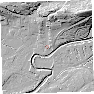 Shaded relief map of the ground around EX311PG, computed from Environment Agency LiDAR. The ground here sits at about 7 m above sea level and falls 43 m across the surrounding 800 m. Surface water reaching this point runs off ground lying to the north-north-east, 31.9 m higher.