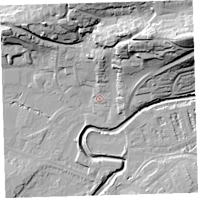 Shaded relief map of the ground around EX311PH, computed from Environment Agency LiDAR. The ground here sits at about 7 m above sea level and falls 42 m across the surrounding 800 m. Surface water reaching this point runs off ground lying to the north-north-east, 13.8 m higher.