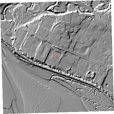 Shaded relief map of the ground around EX311QN, computed from Environment Agency LiDAR. The ground here sits at about 6 m above sea level and falls 9 m across the surrounding 800 m. Surface water reaching this point runs off ground lying to the north-north-east, 3.2 m higher.