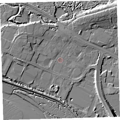 Shaded relief map of the ground around EX311QW, computed from Environment Agency LiDAR. The ground here sits at about 5 m above sea level and falls 12 m across the surrounding 800 m. Surface water reaching this point runs off ground lying to the west-north-west, 4.1 m higher.