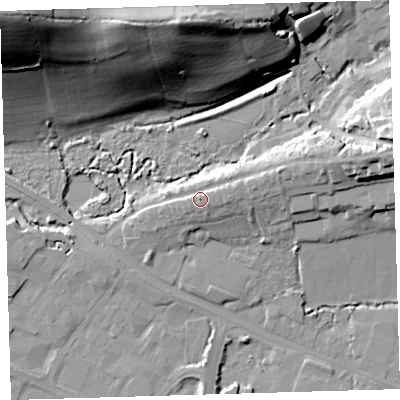 Shaded relief map of the ground around EX311RE, computed from Environment Agency LiDAR. The ground here sits at about 11 m above sea level and falls 50 m across the surrounding 800 m. Surface water reaching this point runs off ground lying to the east-north-east, 3.4 m higher.