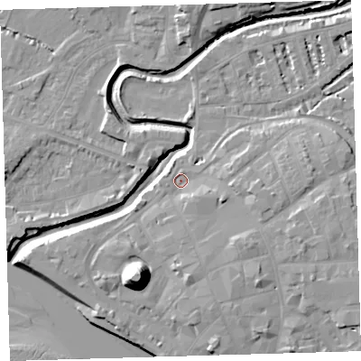 Shaded relief map of the ground around EX311RH, computed from Environment Agency LiDAR. The ground here sits at about 6 m above sea level and falls 21 m across the surrounding 800 m. Surface water reaching this point runs off ground lying to the east-south-east, 4.6 m higher.