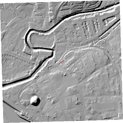 Shaded relief map of the ground around EX311RL, computed from Environment Agency LiDAR. The ground here sits at about 7 m above sea level and falls 21 m across the surrounding 800 m. Surface water reaching this point runs off ground lying to the east-south-east, 2.6 m higher.