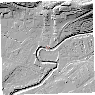 Shaded relief map of the ground around EX311RN, computed from Environment Agency LiDAR. The ground here sits at about 6 m above sea level and falls 42 m across the surrounding 800 m. Surface water reaching this point runs off ground lying to the east-south-east, 8.9 m higher.