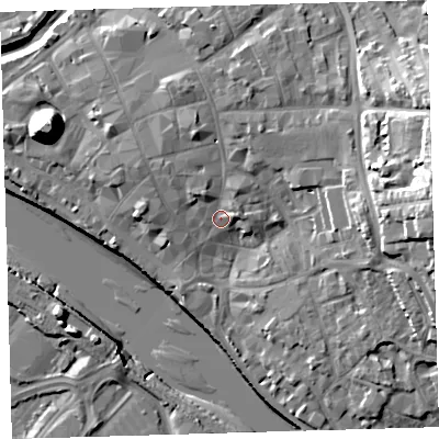 Shaded relief map of the ground around EX311SH, computed from Environment Agency LiDAR. The ground here sits at about 7 m above sea level and falls 23 m across the surrounding 800 m. Surface water reaching this point runs off ground lying to the north-north-west, 4.2 m higher.