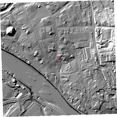 Shaded relief map of the ground around EX311SL, computed from Environment Agency LiDAR. The ground here sits at about 7 m above sea level and falls 24 m across the surrounding 800 m. Surface water reaching this point runs off ground lying to the north-north-west, 4.0 m higher.