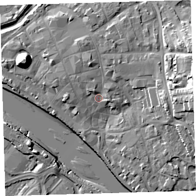 Shaded relief map of the ground around EX311SR, computed from Environment Agency LiDAR. The ground here sits at about 8 m above sea level and falls 22 m across the surrounding 800 m. Surface water reaching this point runs off ground lying to the north-north-west, 3.8 m higher.