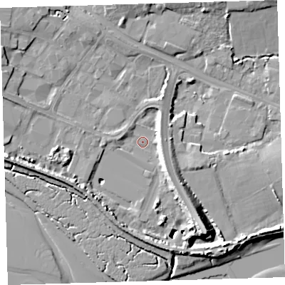 Shaded relief map of the ground around EX311SW, computed from Environment Agency LiDAR. The ground here sits at about 5 m above sea level and falls 17 m across the surrounding 800 m. Surface water reaching this point runs off ground lying to the south-south-east, 16.7 m higher.