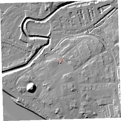 Shaded relief map of the ground around EX311TD, computed from Environment Agency LiDAR. The ground here sits at about 9 m above sea level and falls 21 m across the surrounding 800 m. Surface water reaching this point runs off ground lying to the east-south-east, 2.6 m higher.