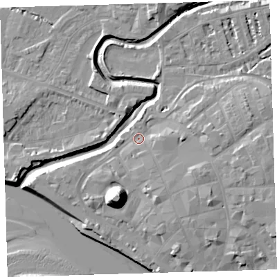Shaded relief map of the ground around EX311TP, computed from Environment Agency LiDAR. The ground here sits at about 6 m above sea level and falls 21 m across the surrounding 800 m. Surface water reaching this point runs off ground lying to the east, 5.9 m higher.