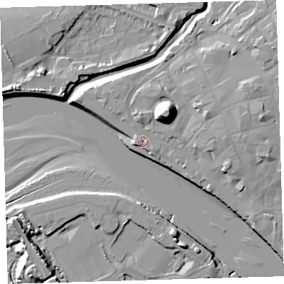 Shaded relief map of the ground around EX311TS, computed from Environment Agency LiDAR. The ground here sits at about 7 m above sea level and falls 21 m across the surrounding 800 m. Surface water reaching this point runs off ground lying to the north-west, 1.6 m higher.