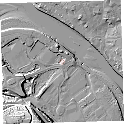 Shaded relief map of the ground around EX312AA, computed from Environment Agency LiDAR. The ground here sits at about 5 m above sea level and falls 42 m across the surrounding 800 m. Surface water reaching this point runs off ground lying to the south-west, 38.7 m higher.