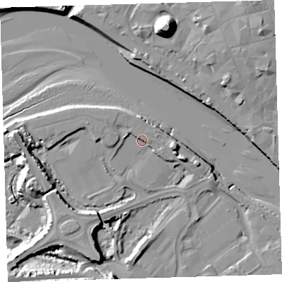 Shaded relief map of the ground around EX312AD, computed from Environment Agency LiDAR. The ground here sits at about 6 m above sea level and falls 24 m across the surrounding 800 m. Surface water reaching this point runs off ground lying to the south-west, 18.5 m higher.