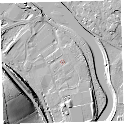 Shaded relief map of the ground around EX312AG, computed from Environment Agency LiDAR. The ground here sits at about 7 m above sea level and falls 39 m across the surrounding 800 m. Surface water reaching this point runs off ground lying to the east-south-east, 1.0 m higher.