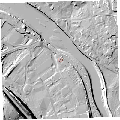 Shaded relief map of the ground around EX312AP, computed from Environment Agency LiDAR. The ground here sits at about 6 m above sea level and falls 39 m across the surrounding 800 m. Surface water reaching this point runs off ground lying to the south-south-east, 4.1 m higher.