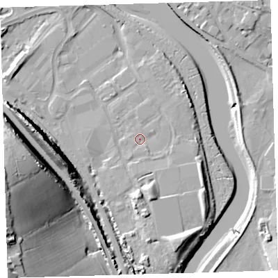 Shaded relief map of the ground around EX312AS, computed from Environment Agency LiDAR. The ground here sits at about 7 m above sea level and falls 38 m across the surrounding 800 m. Surface water reaching this point runs off ground lying to the south-south-east, 5.0 m higher.