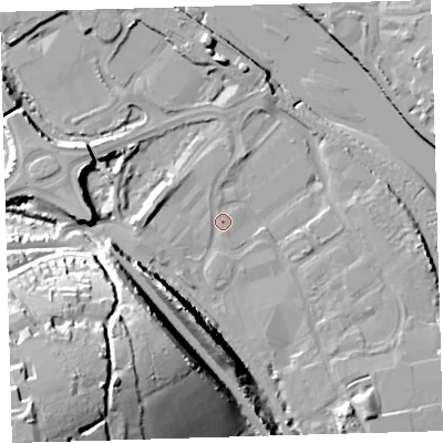 Shaded relief map of the ground around EX312AU, computed from Environment Agency LiDAR. The ground here sits at about 6 m above sea level and falls 55 m across the surrounding 800 m. Surface water reaching this point runs off ground lying to the south-south-west, 21.9 m higher.
