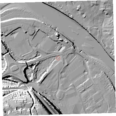 Shaded relief map of the ground around EX312AX, computed from Environment Agency LiDAR. The ground here sits at about 5 m above sea level and falls 47 m across the surrounding 800 m. Surface water reaching this point runs off ground lying to the south-west, 43.5 m higher.