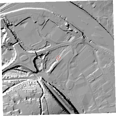 Shaded relief map of the ground around EX312AY, computed from Environment Agency LiDAR. The ground here sits at about 5 m above sea level and falls 51 m across the surrounding 800 m. Surface water reaching this point runs off ground lying to the south-west, 47.3 m higher.