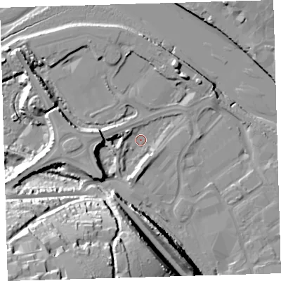 Shaded relief map of the ground around EX312BA, computed from Environment Agency LiDAR. The ground here sits at about 4 m above sea level and falls 51 m across the surrounding 800 m. Surface water reaching this point runs off ground lying to the north-east, 1.6 m higher.