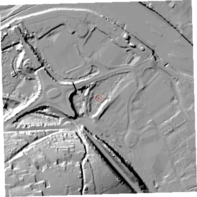 Shaded relief map of the ground around EX312BB, computed from Environment Agency LiDAR. The ground here sits at about 5 m above sea level and falls 52 m across the surrounding 800 m. Surface water reaching this point runs off ground lying to the south-west, 48.6 m higher.