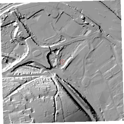 Shaded relief map of the ground around EX312BD, computed from Environment Agency LiDAR. The ground here sits at about 5 m above sea level and falls 54 m across the surrounding 800 m. Surface water reaching this point runs off ground lying to the south-south-west, 50.5 m higher.