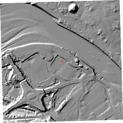 Shaded relief map of the ground around EX312BN, computed from Environment Agency LiDAR. The ground here sits at about 5 m above sea level and falls 31 m across the surrounding 800 m. Surface water reaching this point runs off ground lying to the south-west, 21.3 m higher.