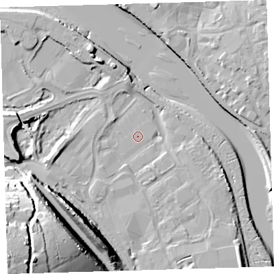 Shaded relief map of the ground around EX312BP, computed from Environment Agency LiDAR. The ground here sits at about 5 m above sea level and falls 47 m across the surrounding 800 m. Surface water reaching this point runs off ground lying to the south-south-east, 5.3 m higher.