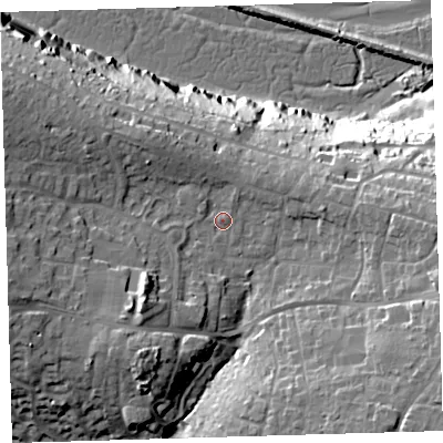 Shaded relief map of the ground around EX312EW, computed from Environment Agency LiDAR. The ground here sits at about 33 m above sea level and falls 41 m across the surrounding 800 m. Surface water reaching this point runs off ground lying to the west-south-west, 9.4 m higher.