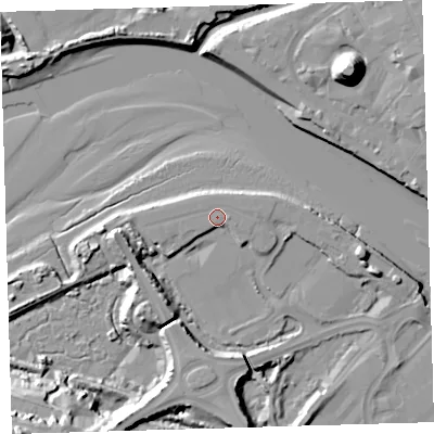 Shaded relief map of the ground around EX312FA, computed from Environment Agency LiDAR. The ground here sits at about 7 m above sea level and falls 24 m across the surrounding 800 m. The ground contributing surface water to this point lies to the west-south-west.