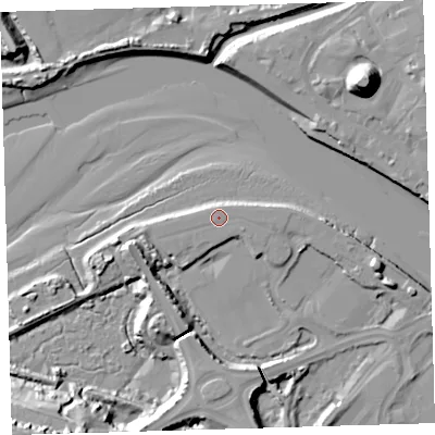 Shaded relief map of the ground around EX312FD, computed from Environment Agency LiDAR. The ground here sits at about 7 m above sea level and falls 21 m across the surrounding 800 m. The ground contributing surface water to this point lies to the west-south-west.