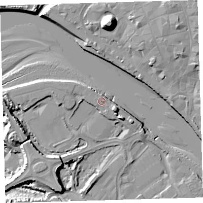 Shaded relief map of the ground around EX312FE, computed from Environment Agency LiDAR. The ground here sits at about 7 m above sea level and falls 22 m across the surrounding 800 m. Surface water reaching this point runs off ground lying to the east-south-east, 4.9 m higher.