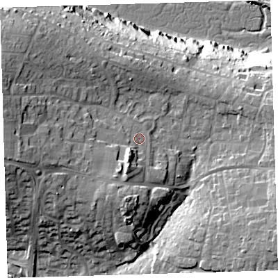 Shaded relief map of the ground around EX312HH, computed from Environment Agency LiDAR. The ground here sits at about 35 m above sea level and falls 43 m across the surrounding 800 m. Surface water reaching this point runs off ground lying to the west-south-west, 9.8 m higher.