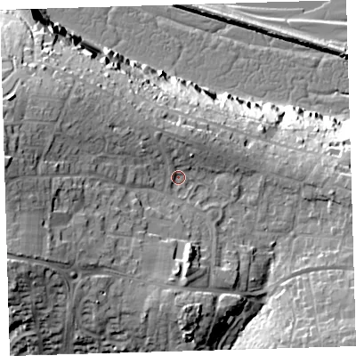 Shaded relief map of the ground around EX312HL, computed from Environment Agency LiDAR. The ground here sits at about 34 m above sea level and falls 47 m across the surrounding 800 m. Surface water reaching this point runs off ground lying to the west, 14.1 m higher.